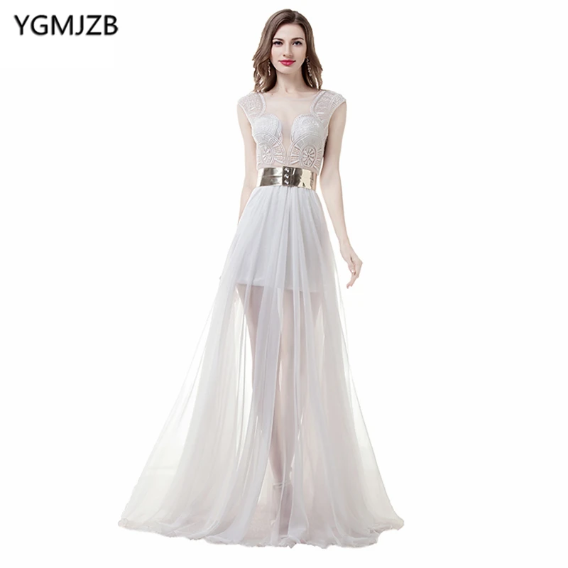

See Through White Evening Dresses 2018 A Line Cap Sleeve Floor Length Beaded Side Split Evening Gown Formal Prom Dress Prom Gown