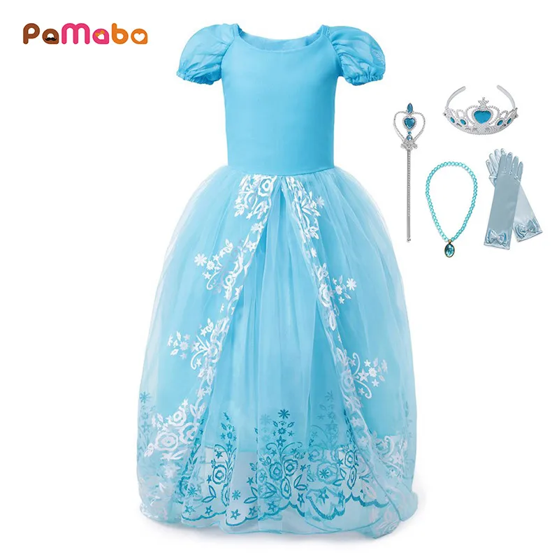 PaMaBa/платье принцессы Золушки для маленьких девочек, элегантный Детский карнавальный наряд Светло-Голубые Вечерние платья с длинным шлейфом