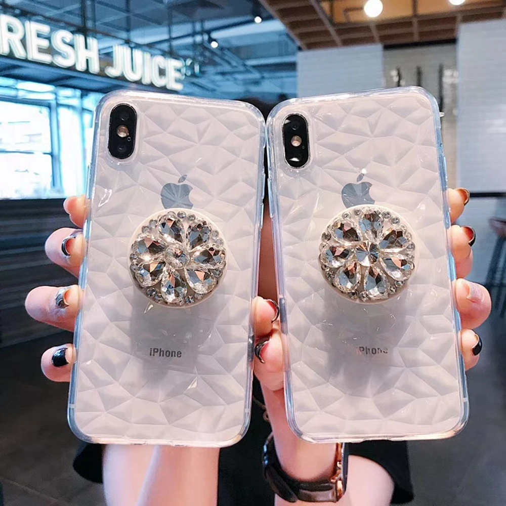 

Luxury Diamond Phone Cases For Huawei Mate 20 Lite Transparent Gem Soft Cover For Huawei Mate 20 Lite Hidden Stand Holder Case