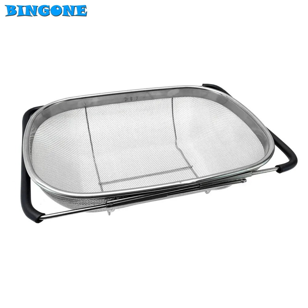 

BINGONE Stainless Steel Kitchen Expanding Sink Strainer Rectangular Retractable Fruit Vegetable Drain Basket -FT