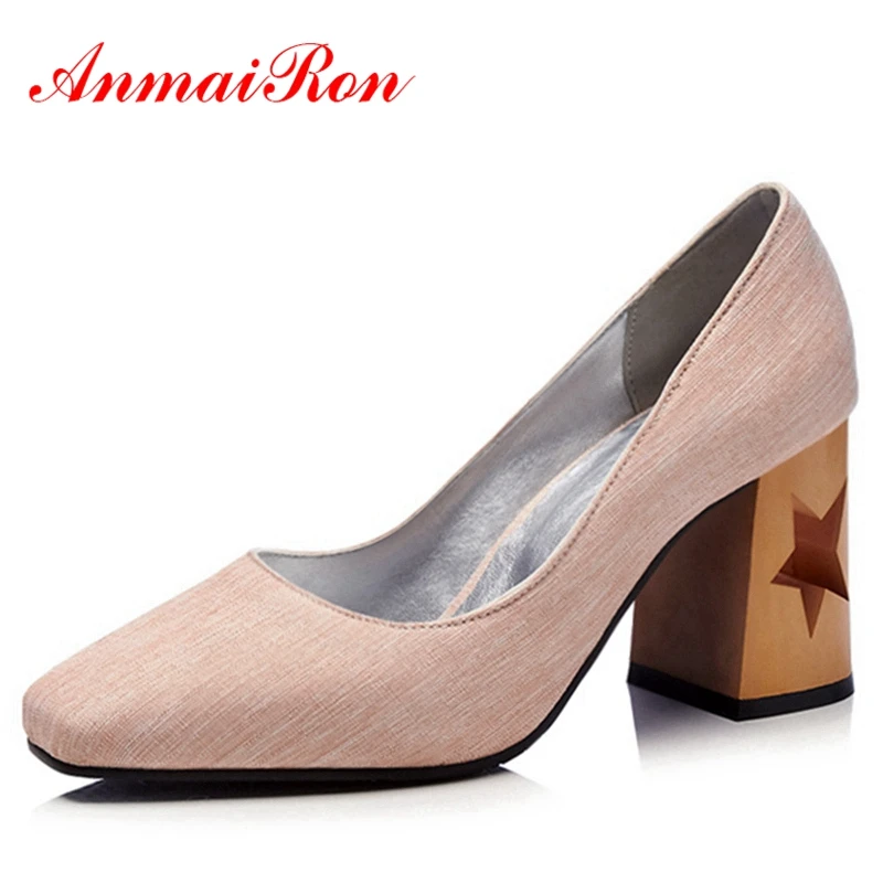 

ANMAIRON Fretwork Heels Women Pumps High Heels Square Toe Shallow Slip On Footwear 2018 Brand Spring Fashion Ladiea Shoes CR303
