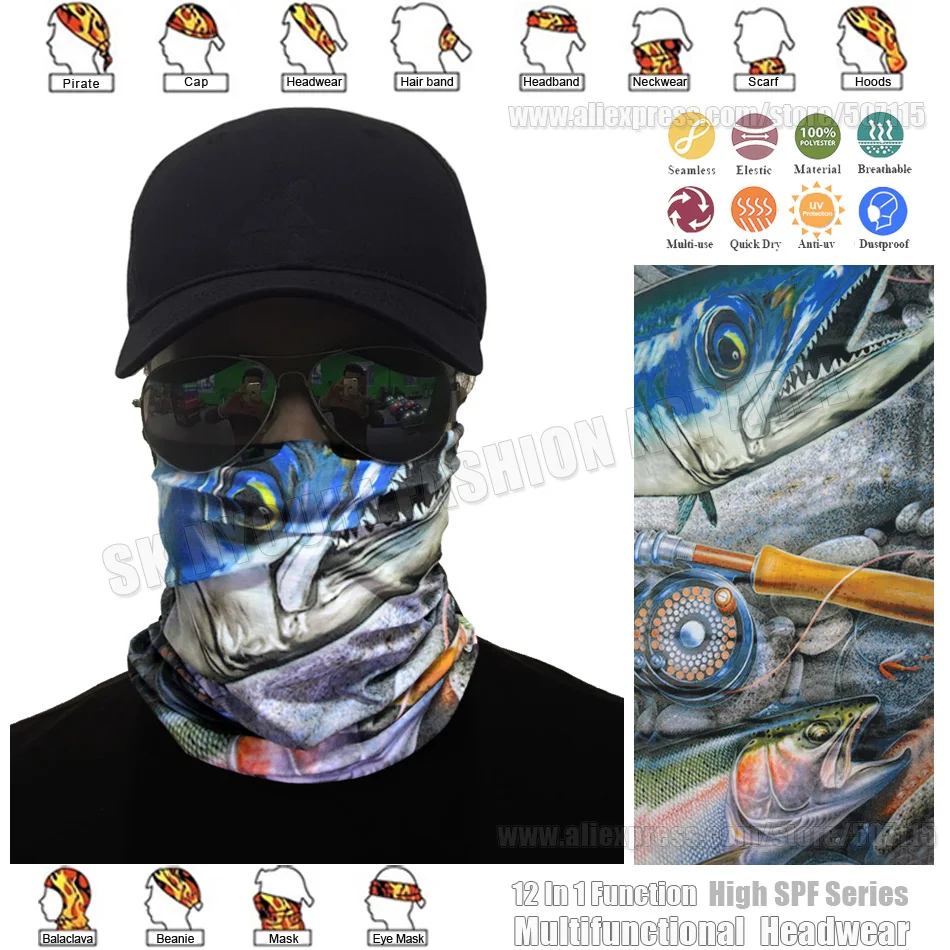 Высококачественная Бандана с изображением рыб, открытый бесшовный трубчатый шарф, Балаклава для рыбалки, головной убор, Многофункциональный мотоциклетный щит для лица
