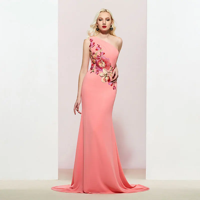 

TTanpell Embroidery Appliques Mermaid Evening Dress Elegant One-Shoulder Floor-Length Formal Designer Custom Evening Dress 2020