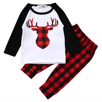 

2017 Baby Boy Girl Clothes Set 2PC Bebes Deer Top T-shirt Red Plaid Pant Outfit Bebek Giyim Tracksuit