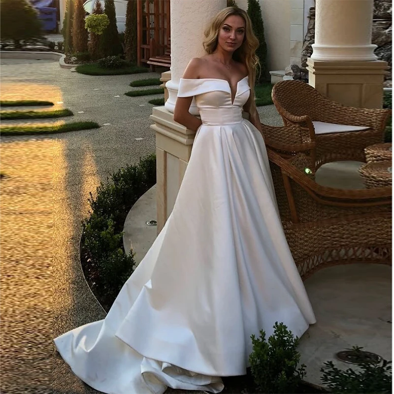 

Vintage Off Shoulder Wedding Dress White Ivory Elegant A-line Simple Vestido De Novia Lace Up Back Custom Made Bridal Dresses