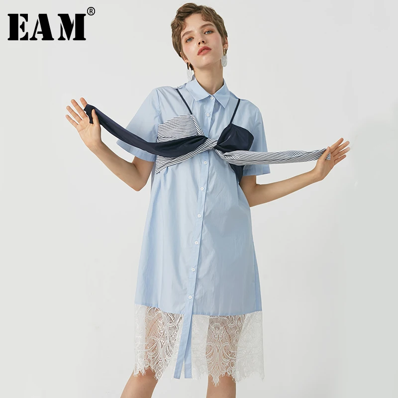 

[EAM] 2019 New Spring Summer Lapel Short Sleeve Hem Lace Hi Color Striped Bandage Bow Loose Shirt Dress Women Fashion Tide JU491