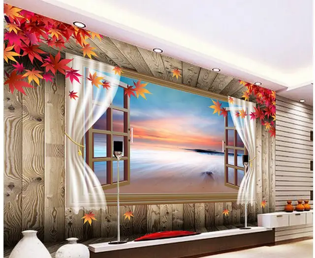 3D Ahorn Holz Boden Fenster Vorhang Hintergrund Mittelmeer