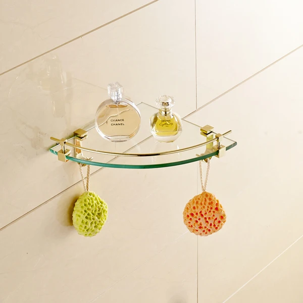 Wall Mounted Single Tier Bath Glass Holder Corner Storage Shelf Gold Finish Wall Mounted Single Tier Bath Glass Holder Corner Storage Shelf Gold Finish