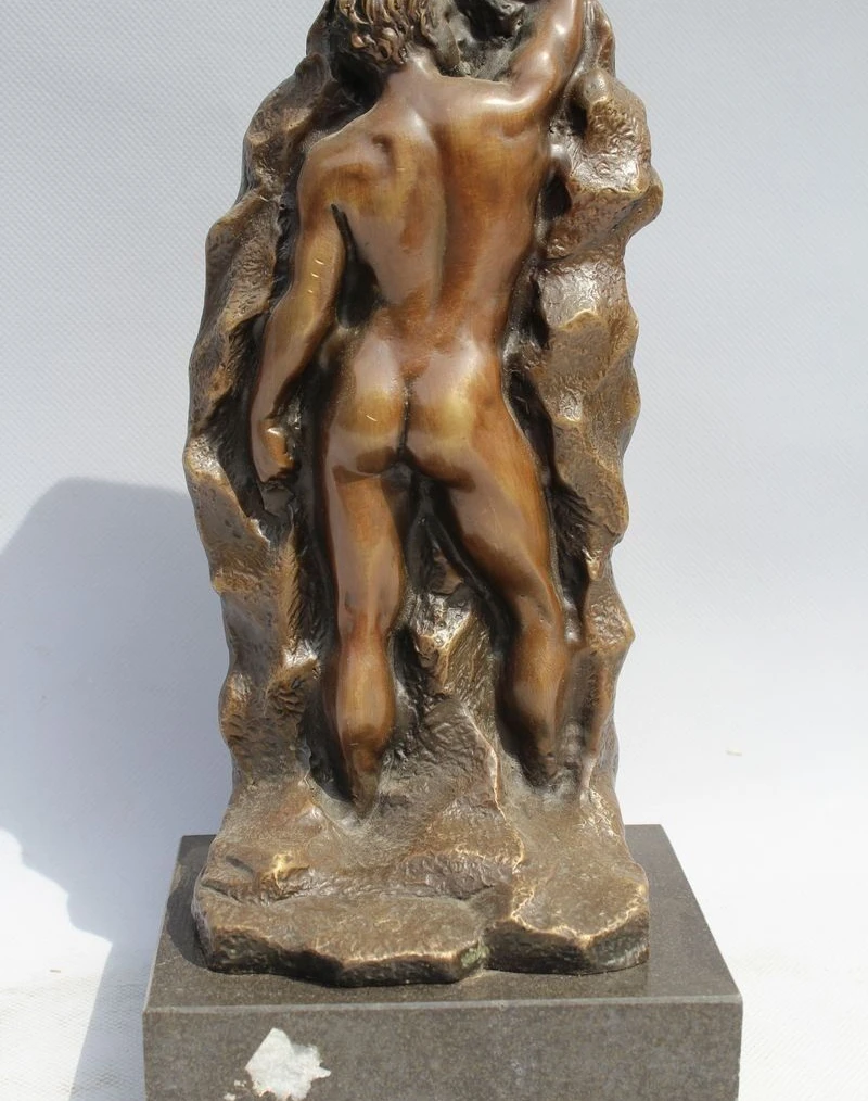 

15"Western Art sculpture Bronze Marble Nude Men Man Behind Hill Statue