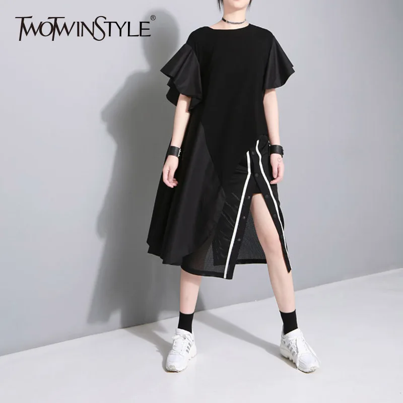 

TWOTWINSTYLE Ruffles T Shirt Women O Neck Flare Short Sleeve Patchwork Asymmetrical T Shirts Top Summer 2019 Fashion New Clothes