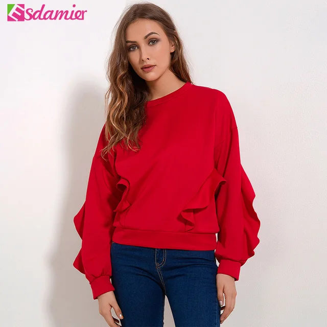 Streetwear Red Womens Sweatshirts Pullover Batwing Sleeve Ruffle Hoodie Sweatshirt Women Fashion