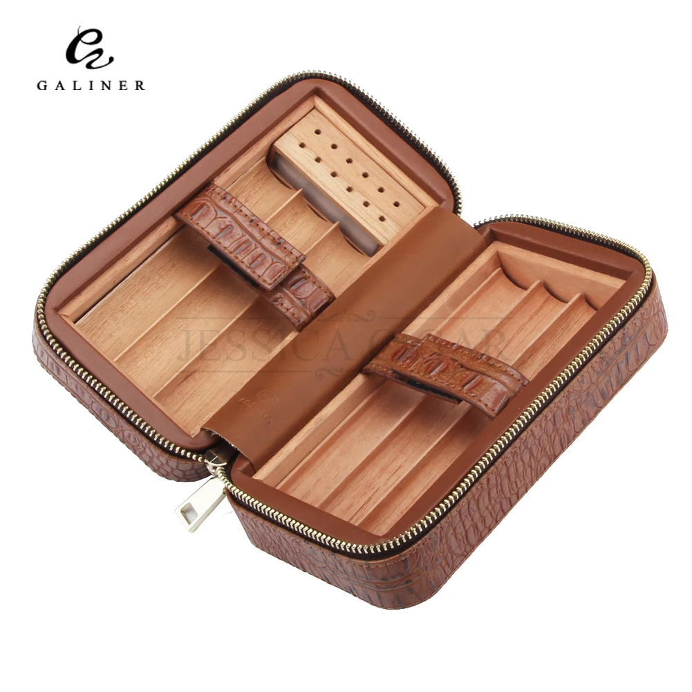 Crocodile Grain Genuine Leather Cigars Case Humidor Cedar Wood Travel 6