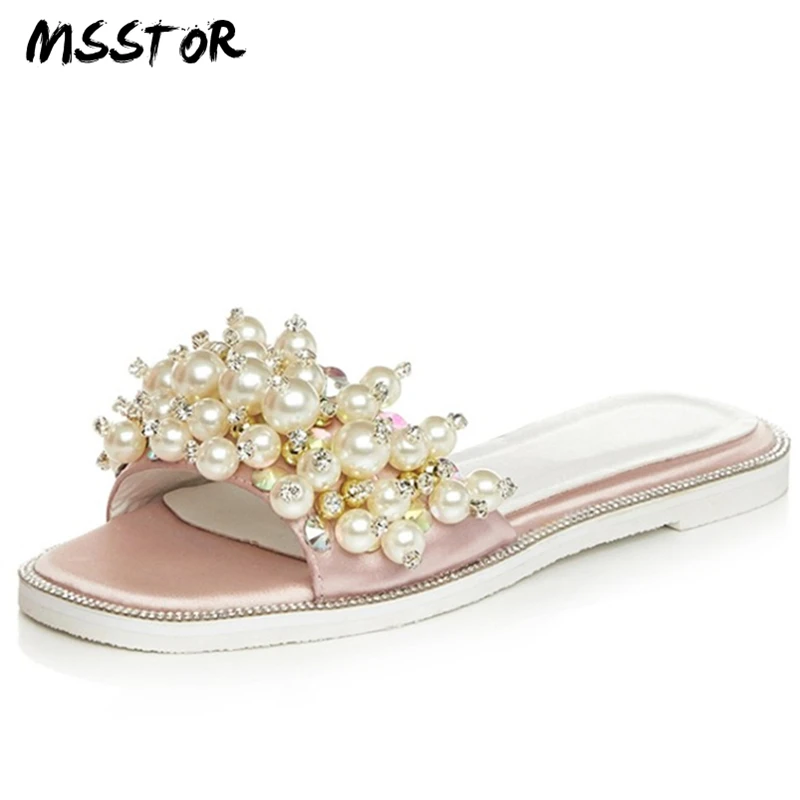 

MSSTOR String Bead Flip Flops Women Black Plus Size Crystal Concise Fashion Stretch Fabric Women Summer Shoes Peep Toe Slippers