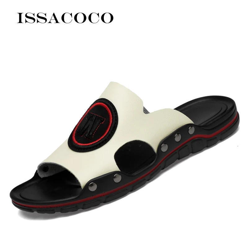 ISSACOCO/женские шлепанцы; женские Вьетнамки; летние пляжные сандалии из натуральной кожи; нескользящие мужские домашние тапочки; европейские размеры 38-46 - Цвет: White