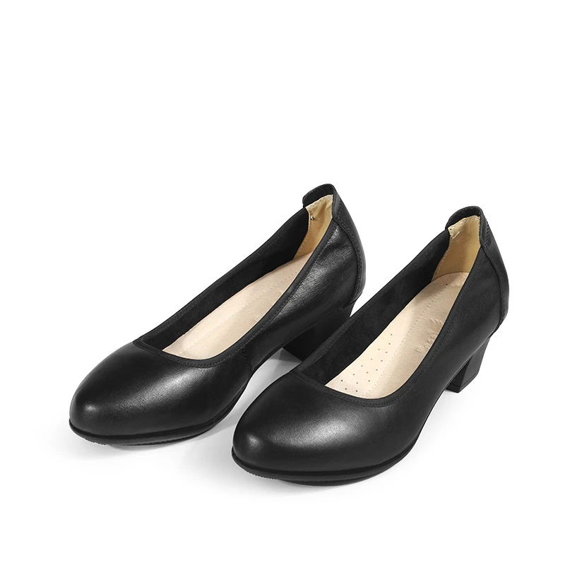 

Round toe women leather square high heels pumps work shoes comfortable 5cm heels shoes