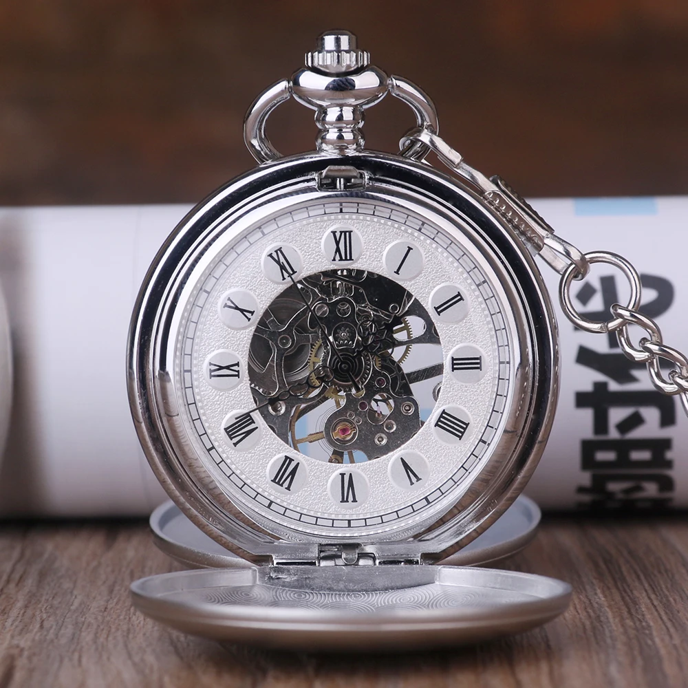 

Silver Smooth Case Vintage Roman Number Hand Wind Mechanical Pocket Watch Double Open Hunter case fob watches Men Women Gift