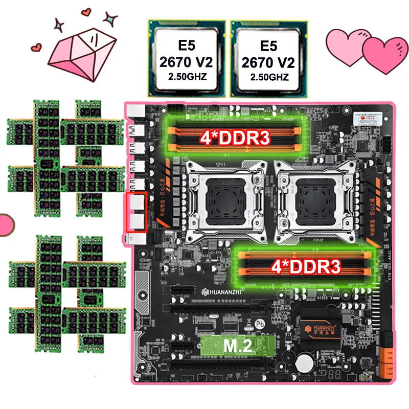 Материнская плата с разъемом M.2 huanzhi двойная материнская X79 8 DIMMs DDR3 двумя CPU Xeon E5 2670
