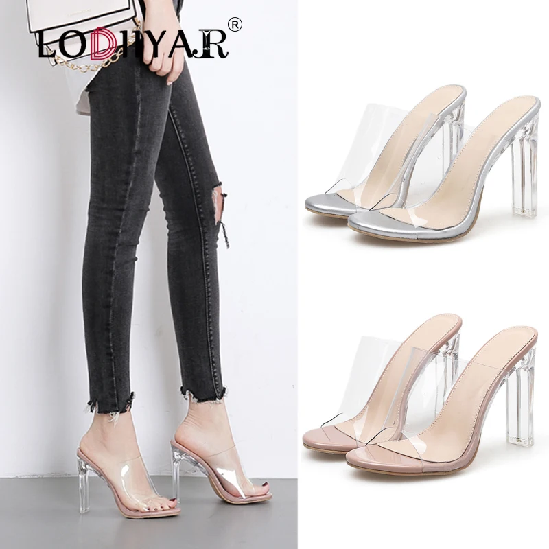 

Women High Heels Shoes Crystal Transparent Sandals Slip On Peep Toe Clear Block Chunky Heel Slide Mules Shoes Party Dress Silver