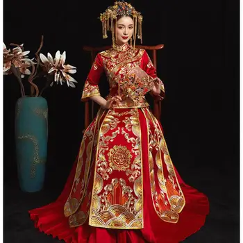 

Ancient Bride Wedding Qipao Red Chinese Royal Women Marriage Dress Embroidery Flower Oriental Style Cheongsam Vestidos S-XXL
