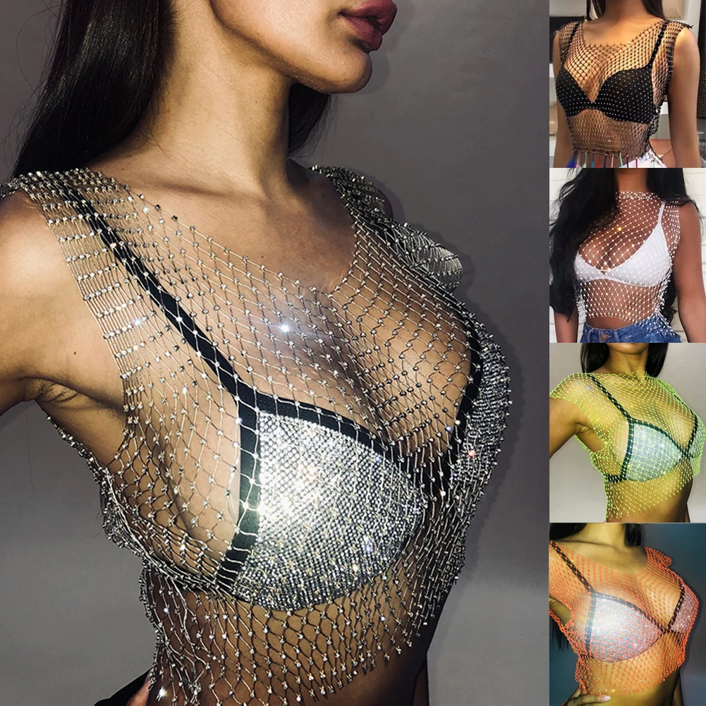 

Hirigin Women Sequins Mesh Perspective Tops Sleeveless Loose Short Top T-shirt Vest Crystal Cover Up