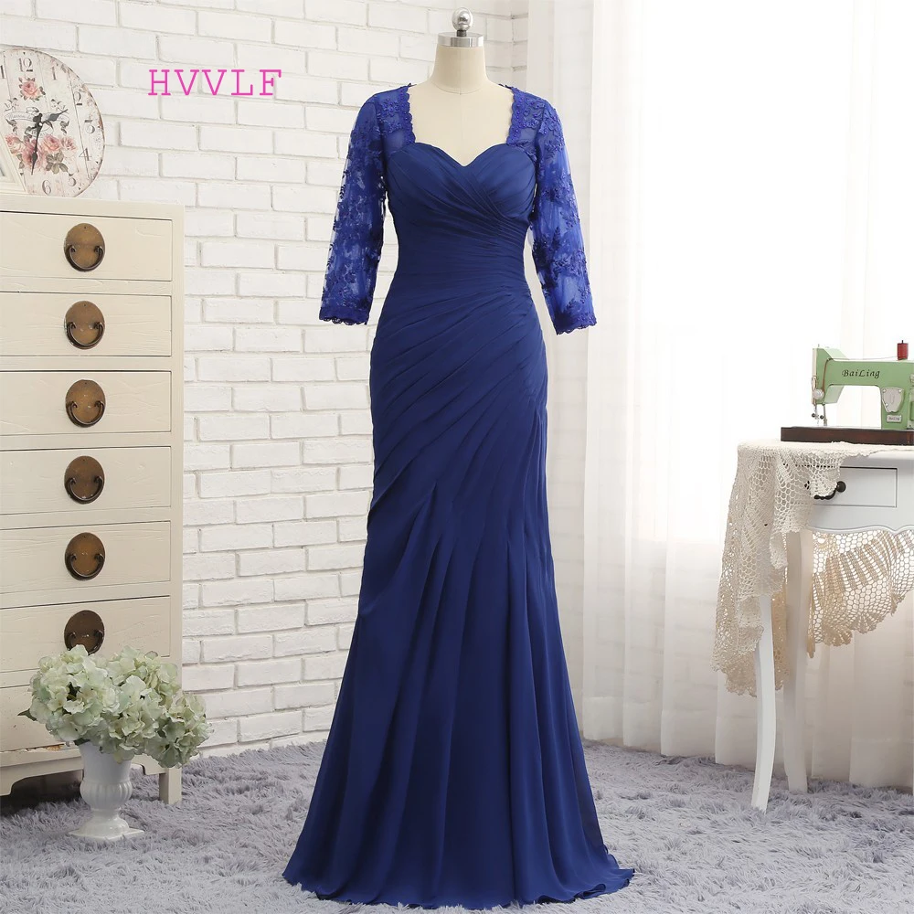Plus Size Royal Blue 2019 Moeder Van De Bruid Jurken Mermaid 3/4 Mouwen Lace Lange Avondjurken Moeder Jurken Voor bruiloft