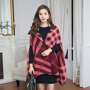 

2017 Women Luxury Plaid Cape Cloak High Quality Wool Cashmere Shawl Multi-function Scarf