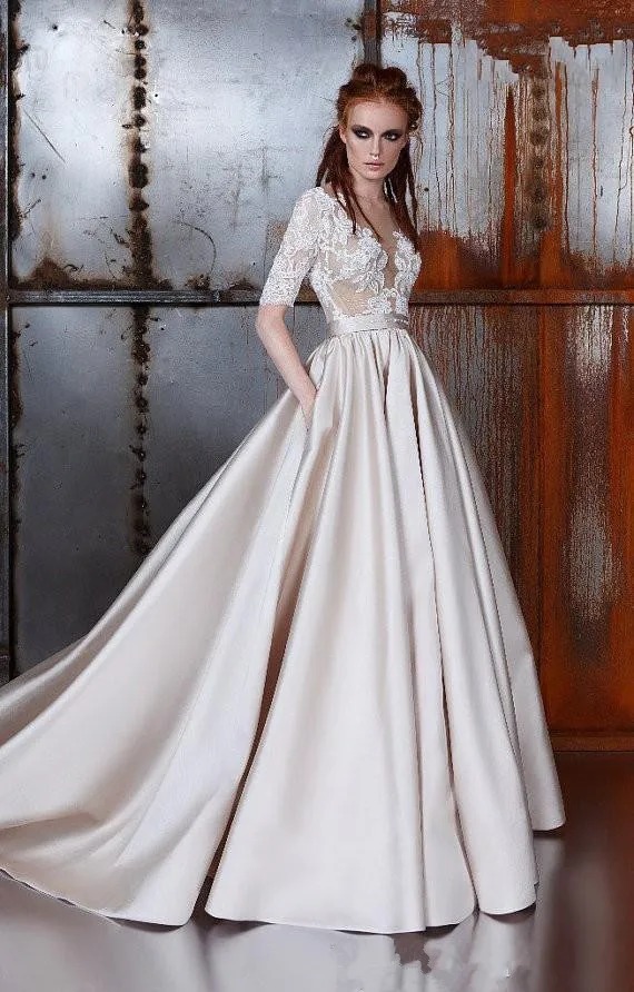 В году, последнее Шампанское платье абсолютная Шея Половина рукава аппликация кружева длинное атласное свадебное платье