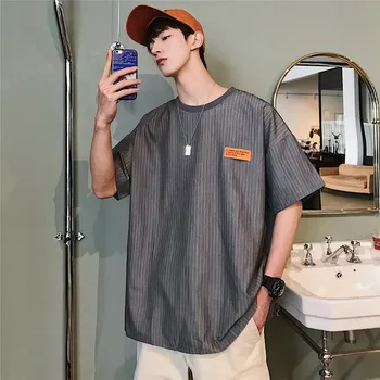 

2019 Summer Men's Casual Stripe Printing O-neck Short Sleeve T Shirt Grey/black Color Youth Loose High-quality T-shirt M-XL