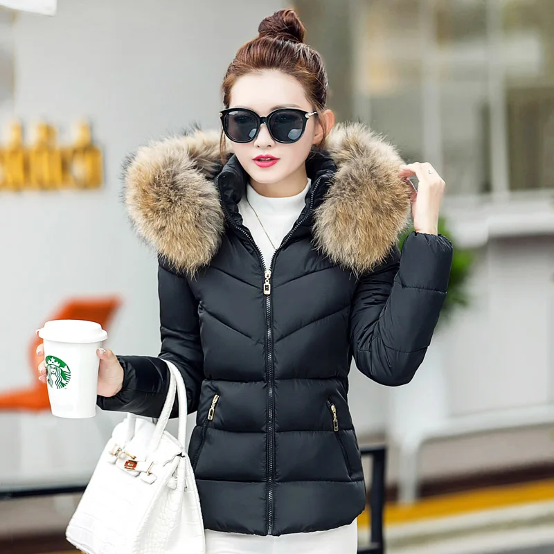 Новое поступление, женская зимняя куртка с меховым воротником-стойкой, теплое Женское зимнее пальто с подкладкой, тонкая женская парка, верхняя одежда, Camperas - Цвет: BLACK