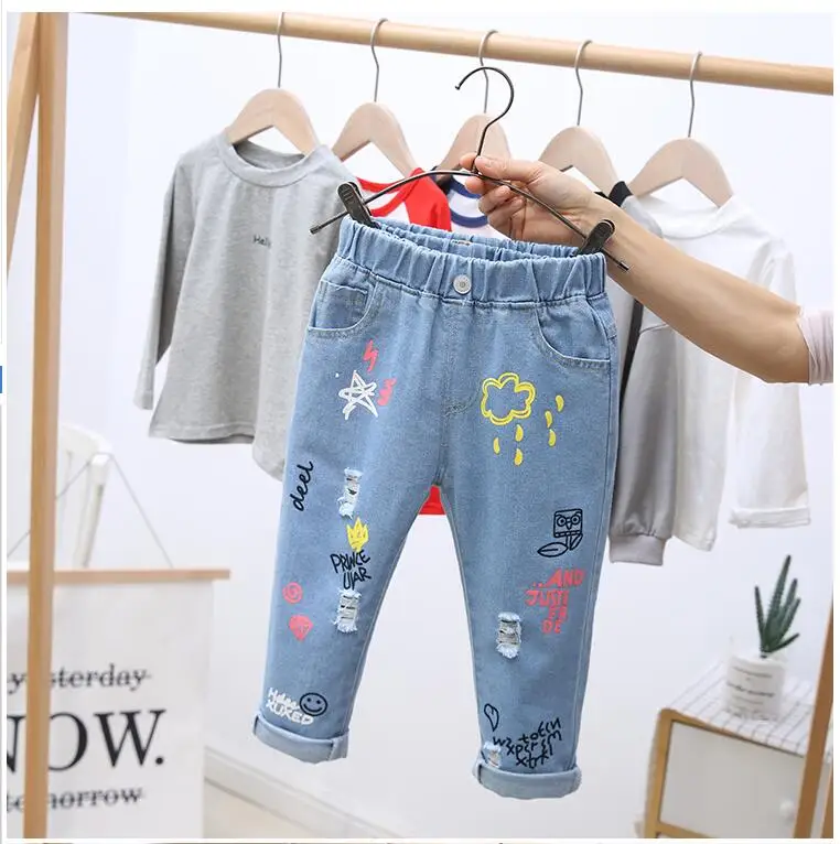 Джинсы для малышей на осень и весну рваные штаны г. модные детские джинсы с дырками ковбойские детские брюки, джинсы roupas infantis menina - Цвет: rainy jeans