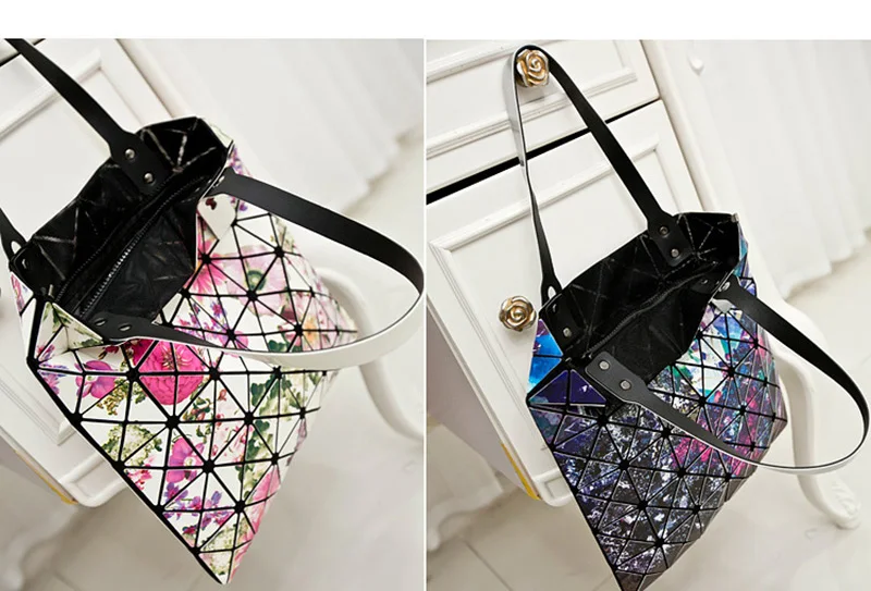 Fashion Ladies Folded Geometric Plaid Bag Women Laser Bright Casual Totes Bag Shoulder Bags Fold Over Bao Bao Handbags (13)