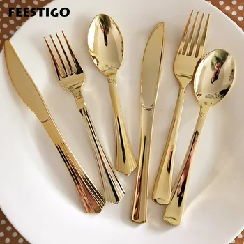 

Shiny Gold Plastic Disposable Tableware Sets Forks knives Spoons Heavy Duty Plastic Cutlery Set Wedding Party Tableware Supplies