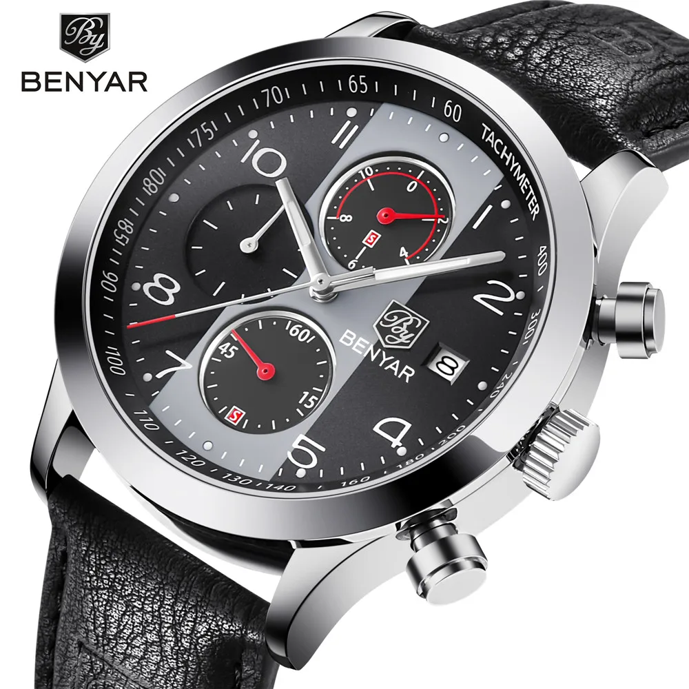 

BENYAR Chronograph Quartz Wristwatch for Men Watches 2018 Luxury Leather Sports Watch Waterproof Men's Clock relogio masculino
