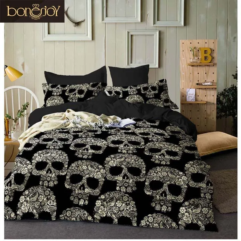 Bonenjoy черный цвет пододеяльник Королевский размер роскошный сахарный череп постельное белье King size 3D череп постельные принадлежности и постельные принадлежности
