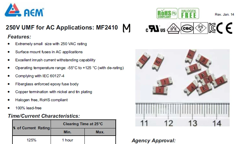 SMD, 2410 предохранитель, MF2410F0.500TM 250V 0.5A