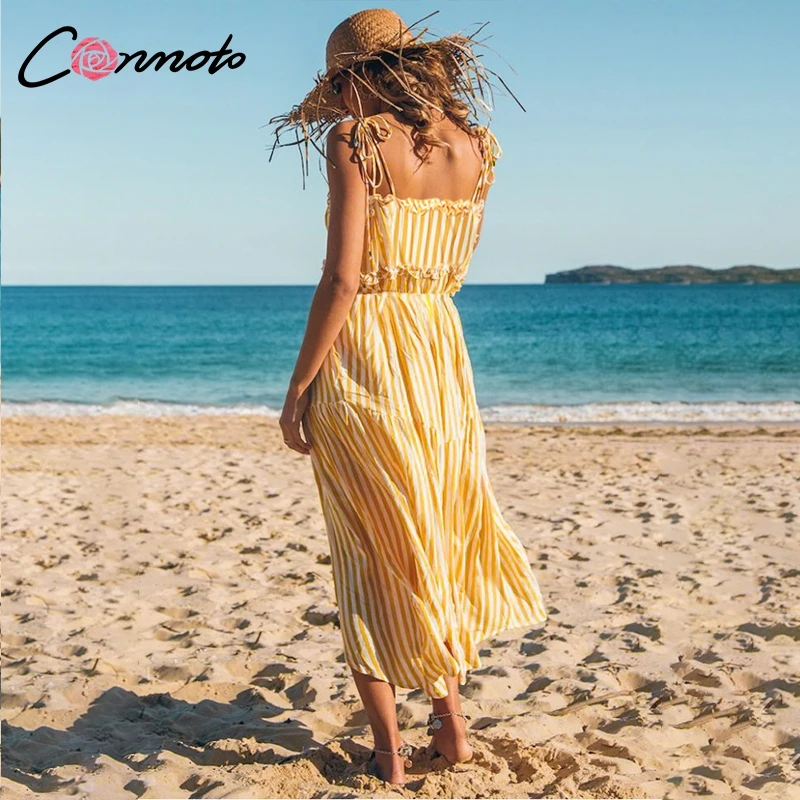

Conmoto Yellow Robe Femme Women Dress Spaghetti Strap Ruffles Maxi Dress Beach Summer Long Dresses Vestidos