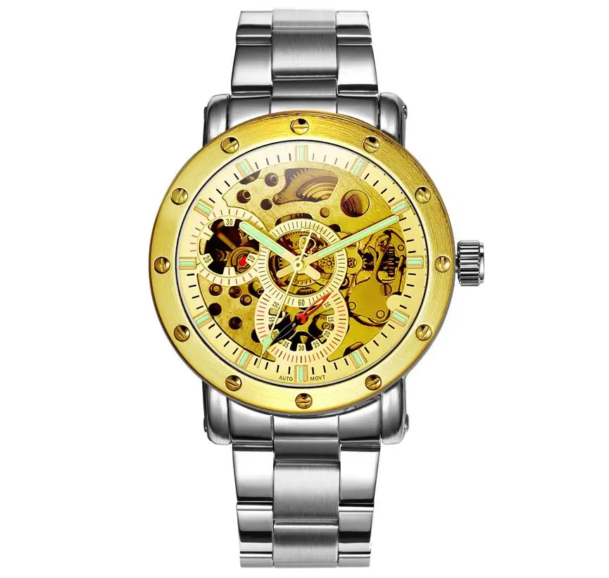 

IK Colouring Nail Scale Automatic SelfWind Movement Screw Case Decoration Luminous Hollow Dial Hardlex Business Men Watch