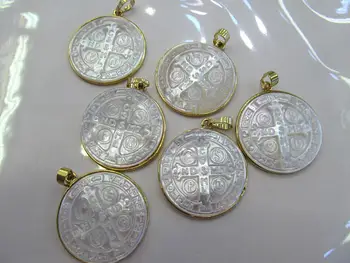 

AA+ 6sets Gold Plated Palm Pearl Shell jewelry pendant Virgin Mary carved 32mm cross focal beads