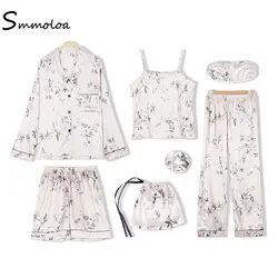 Smmoloa для женщин пикантные шелковые атласные полосатые пижамы комплект 7 шт. сезон: весна-лето пижамные комплекты