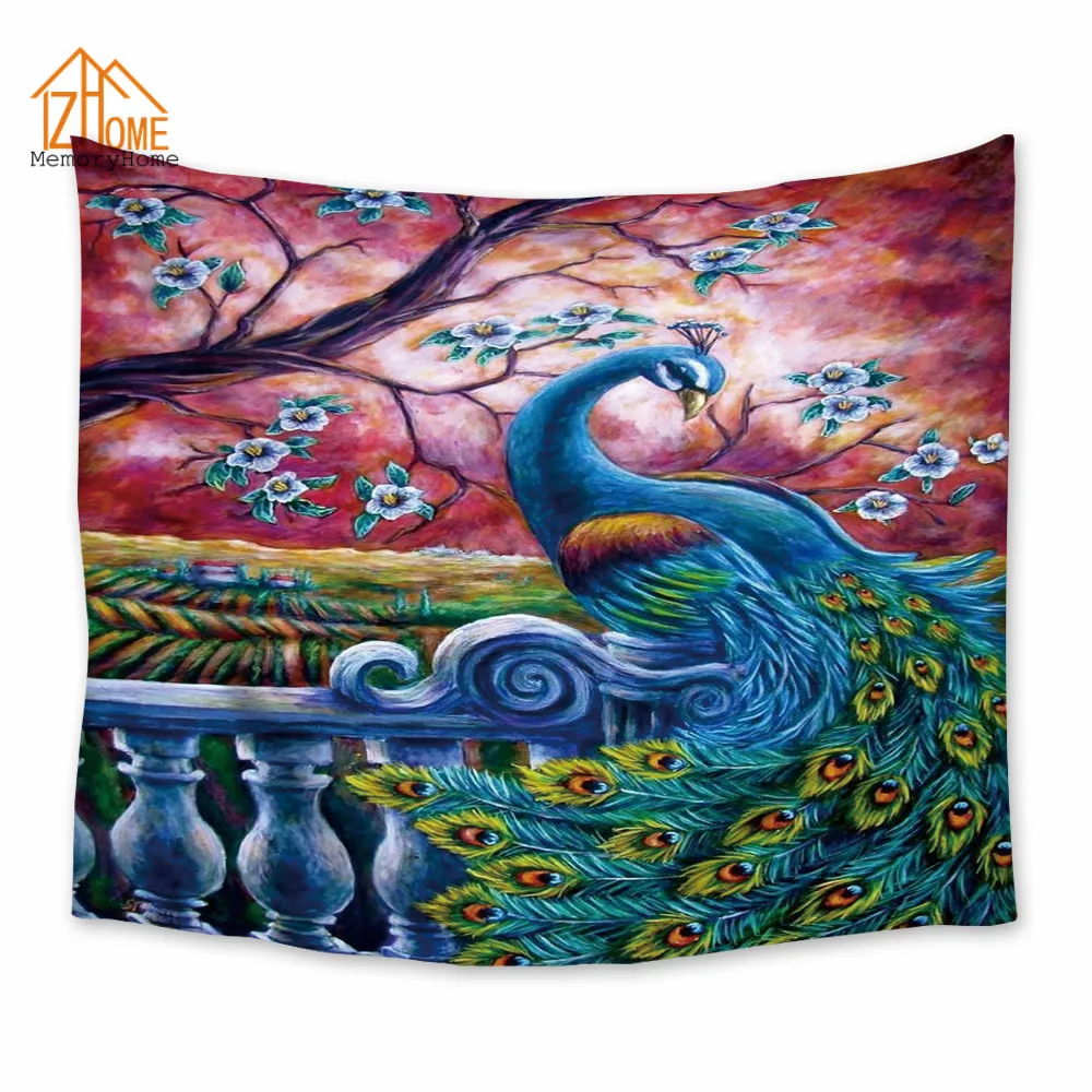 Memory Home Animal Tapestry Peacock Flower Polyester Wall Hanging Black