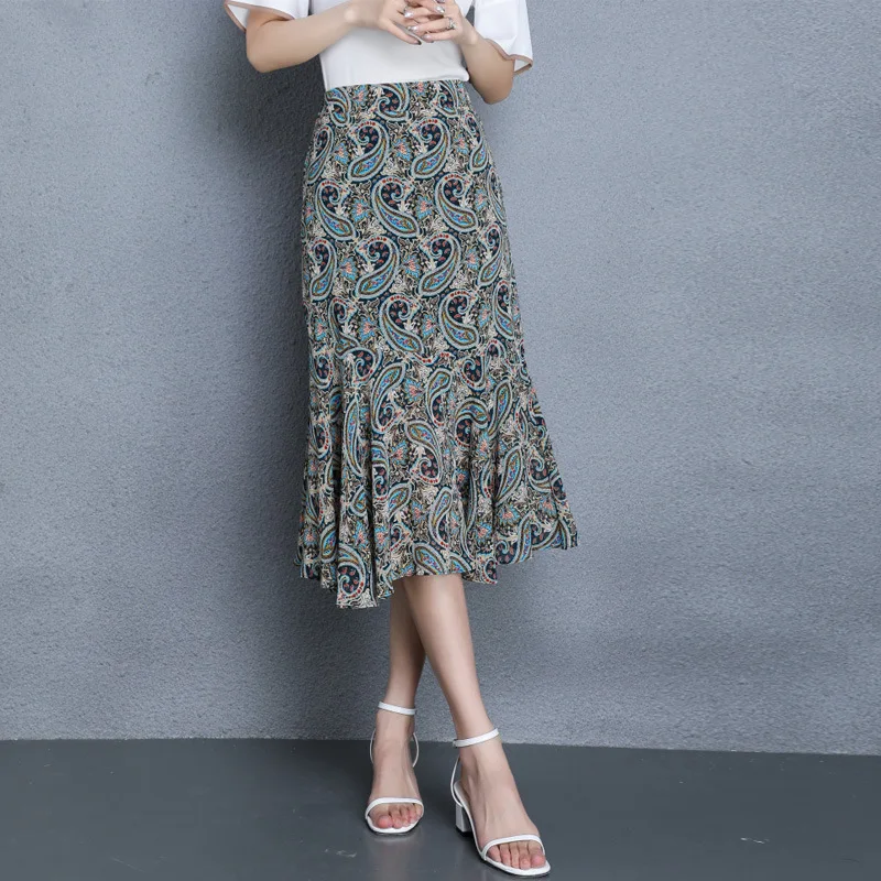 Women's Skirt Floral Chiffon Irregular Mermaid Skirt Ruffles Package Hip Women Skirts Female Plus Size Pleated Skirt