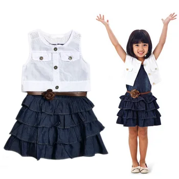 

2pcs Kids Dress + Jacket Suit Girls Summer Vest Jeans Children Girls Clothes Dresses Set BM88