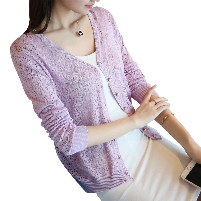 

Thin Sweaters Womens Short Hollow Out Shrug Full Sleeve Loose Ladies Single Breasted Sweater Solid Caridigans Black White Pink