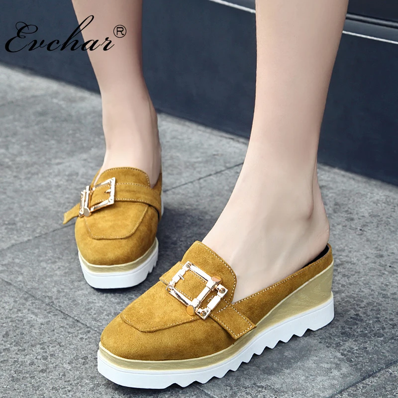 

EVCHAR Platform Heels Slipper Sandals for Women PU Leather Comfortable Slippers cover Toe Wedges Heel Summer Ladies Shoes 33-43