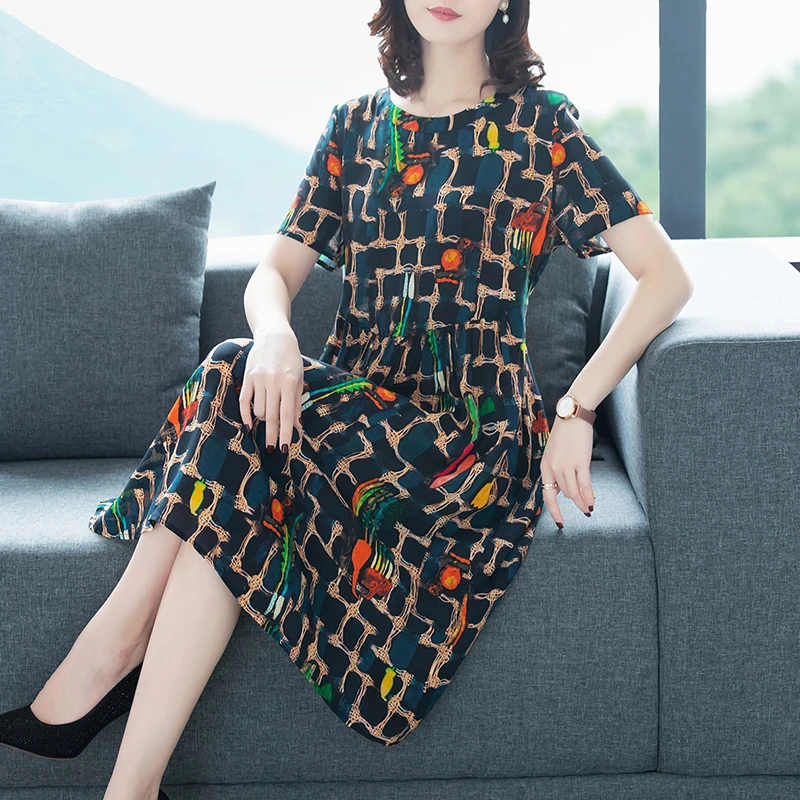 4XL элегантный женский Vestidos натурального шелка платья летний Винтаж A-Line платье с принтом с О-образным вырезом, короткие платья с длинным рукавом
