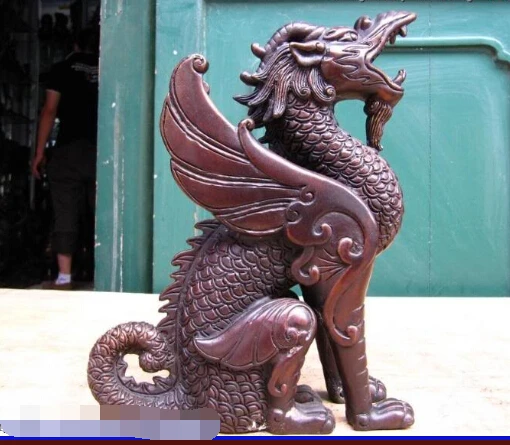 

free China Bronze Copper Feng Shui Foo Dog Lion Kirin kylin Fly beast Dragon Statue fast