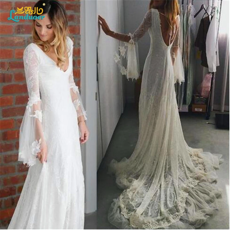 2016 romántico backless boho vestido de novia bohemia vintage de