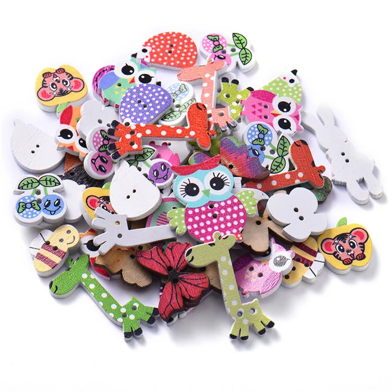 50Pcs Wooden Buttons Cute Animal Partten Sewing Buttons Decoration