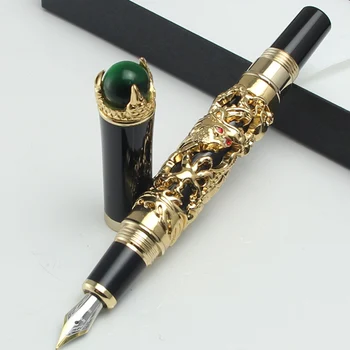 

Jinhao Dragon playing with a pearl Elegant Upscale Golden fountain Pen with green jade beads on cap,office supply school