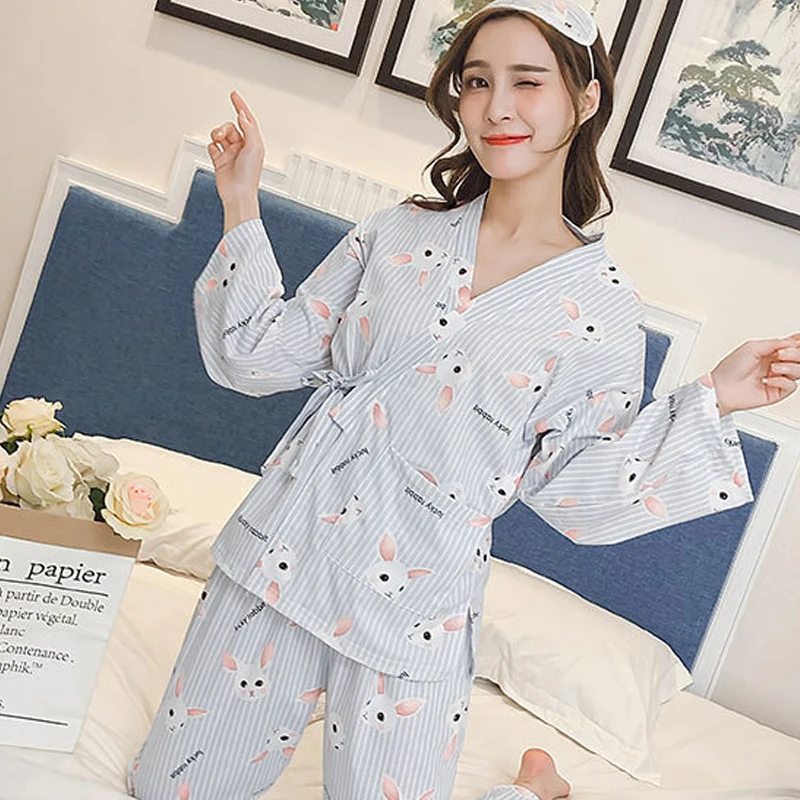 Для женщин одежда для сна Летние пижамы наборы Домашняя одежда с принтом женский длинный рукав из молочного шелка кимоно-пижамы Для женщин домашние костюмы в Корейском стиле